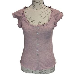 Davi & Dani Pink Ribbed Top Ruffle Trim Short Sleeve- Large